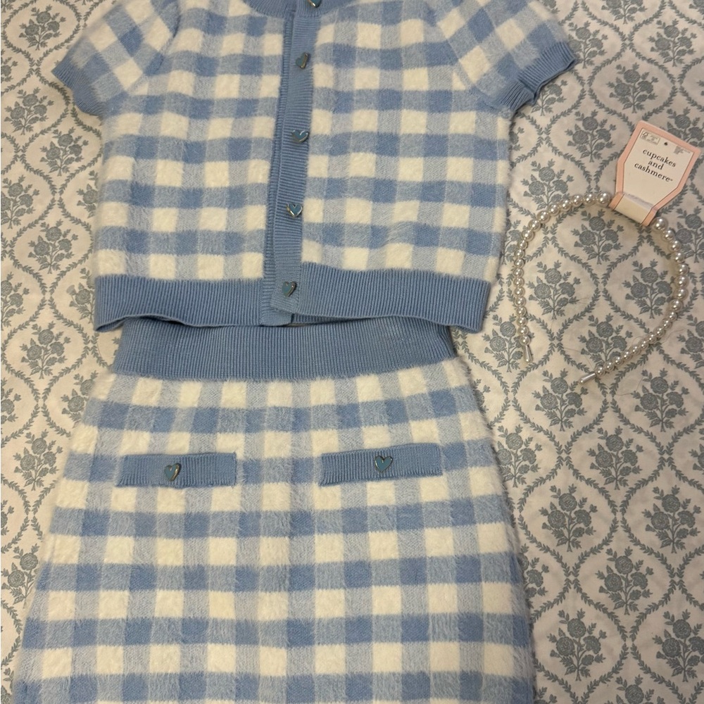 Cupcakes and Cashmere Toddler Girls Blue Knit Skirt Set Size 4 + Pearl Headband